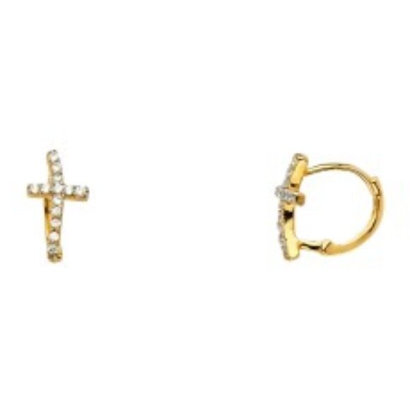 14k Gold Curved Cz Cross Huggies Earrings